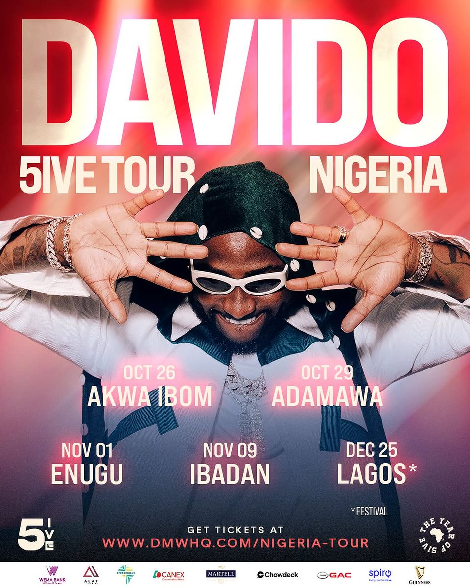 5iveAliveWT's tweet image. 🚨 OFFICIAL VENUES for @davido’s 5IVE TOUR NIGERIA ! 🤯💥🇳🇬
🏟️ Godswill Akpabio Stadium, Uyo — 30,000
🏟️ Mahmud Ribadu Square, Yola — 25,000
🏟️ Michael Okpara Square, Enugu — 20,000
🏟️ Obafemi Awolowo Stadium, Ibadan — 25,000
🏟️ Eagle Square, Abuja — 50,000
HOMECOMING ! ⏳5️⃣