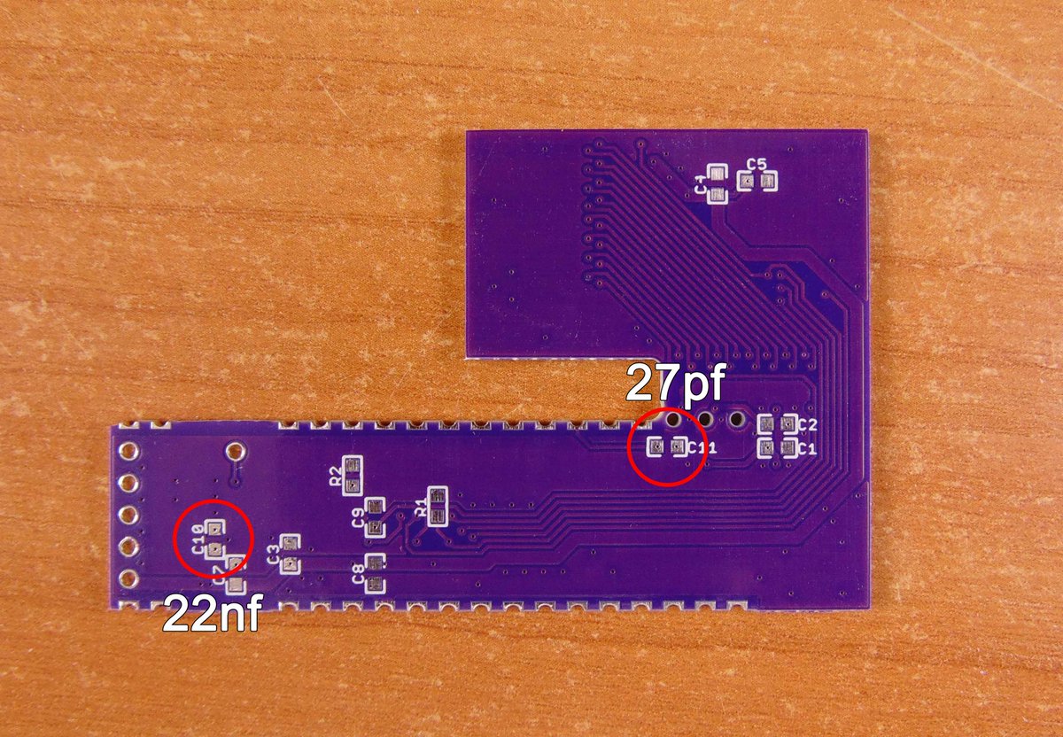 New Board-C revision for Master System mode. Issues with the Mega EverDrive PRO were previously discovered and fixed with a 22nf capacitor. On one console with a cold VDP, there was interference on the ZCLK, and a 27pf capacitor helped. Both capacitors are now in the new revision