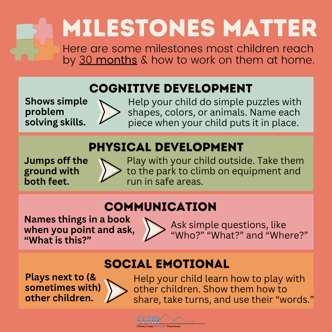 ClintonCountyHD's tweet image. At 30 months, it's time for another #DevelopmentalScreening. To learn more ways to help your child grow and thrive, visit cdc.gov/ncbddd/actearl….