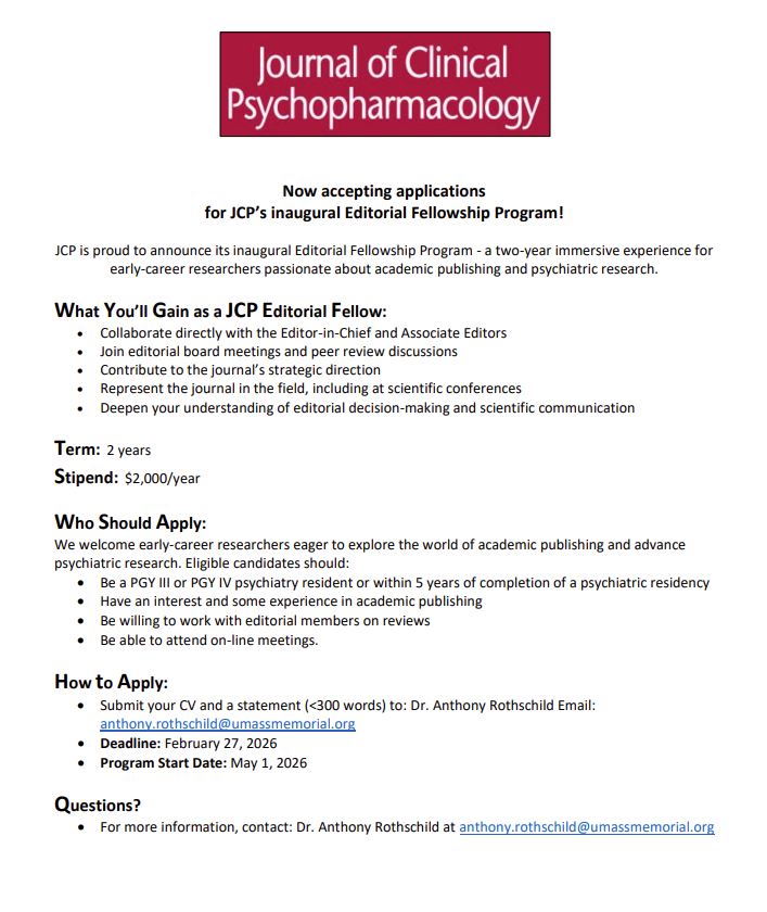 We are pleased to announce an exciting opportunity for early-career researchers: JCP is now accepting applications for its inaugural Editorial Fellowship Program. This 2-year, paid fellowship offers hands-on experience in academic publishing and psychiatric research. Apply today!