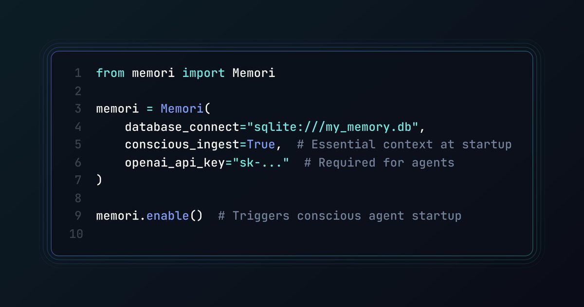 Your agent can have persistent memory 🧠

Enable Conscious Ingest Mode in <a href="/heygibsonai/">GibsonAI</a> Memori and it will:

- Load essential facts once at startup
- Keep them available through the session
- Skip re-processing on every query

Perfect for personal assistants 👇