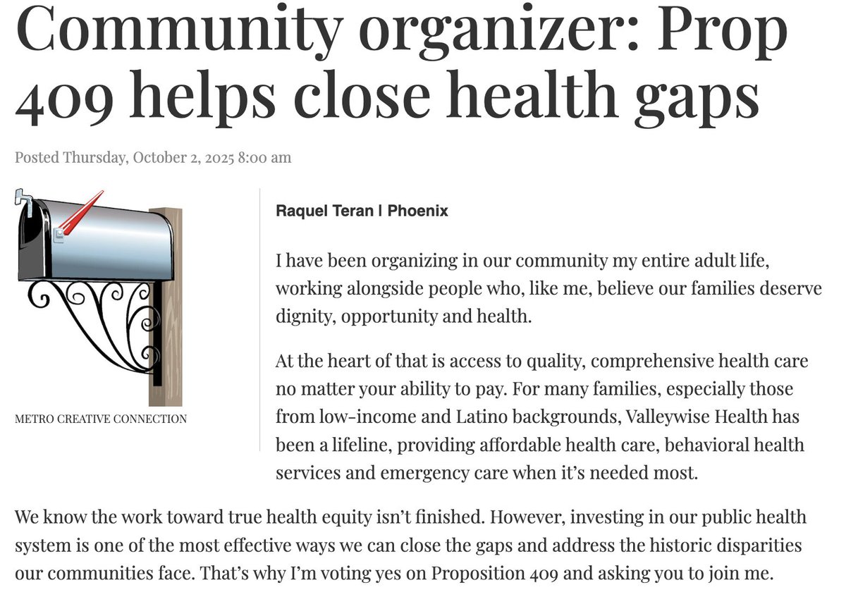 YesonProp409's tweet photo. "Prop 409 will ensure Valleywise can keep up with the growing demand for behavioral health and emergency services. By voting yes, we are investing in the long-term health and well-being of our families, our neighborhoods and all of Maricopa County," @RaquelTeran. Vote YES on Prop 409!
https://t.co/hNV3NMHaEQ