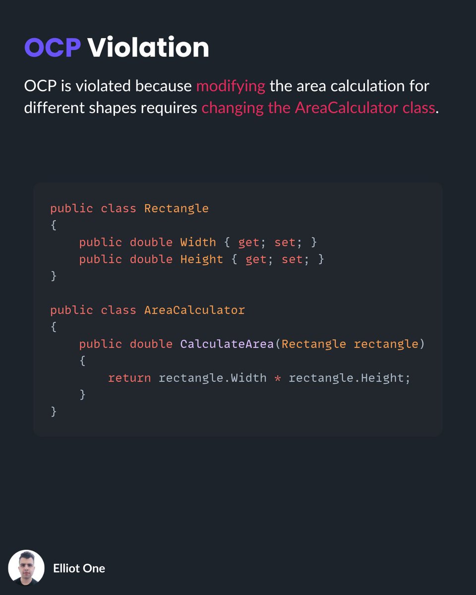 elliot1one's tweet image. Open/Closed Principle (OCP) from SOLID:
Software entities should be open for extension but closed for modification.
Add new functionality without altering existing, tested code, keeping your system stable, flexible, and easier to maintain over time.
#SOLID #CleanCode