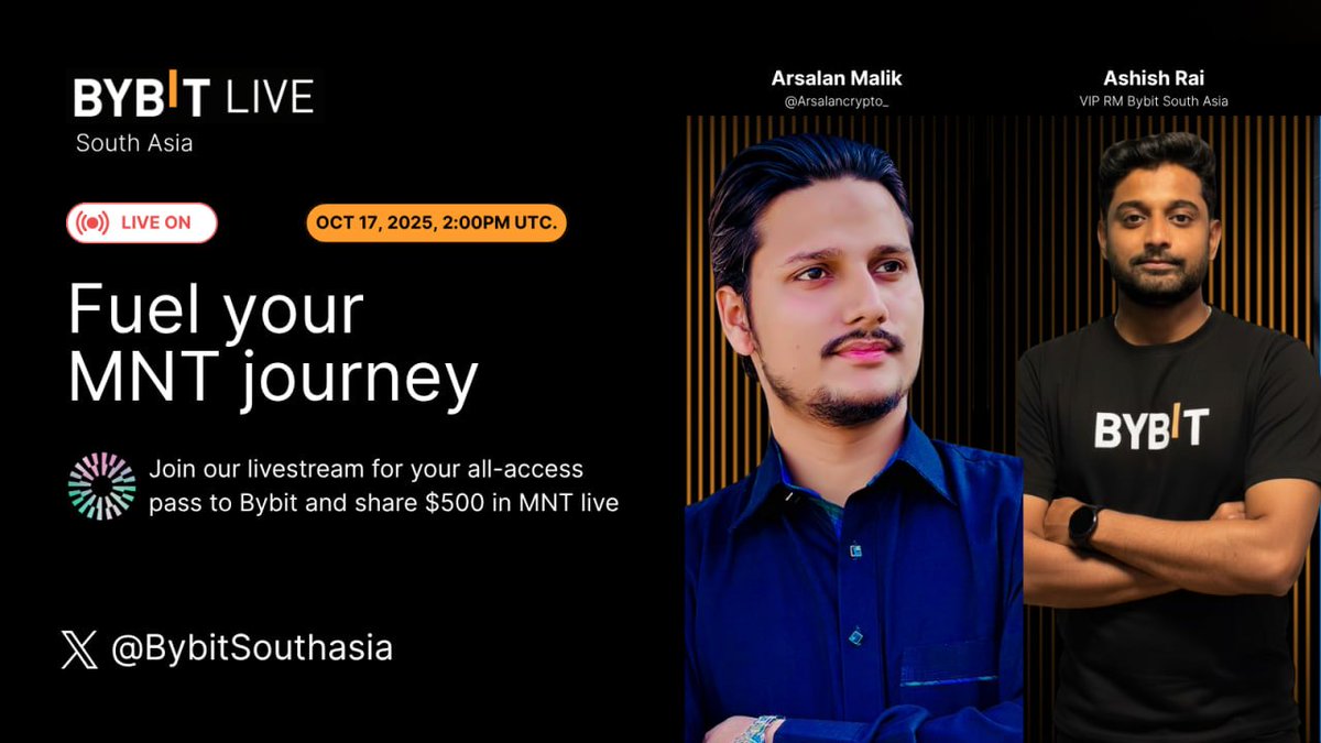 BybitSouthasia's tweet image. 🚀 Fuel your MNT journey with Bybit Live!

Join @Arsalancrypto_ &amp;amp; our VIP RM, @AshishXBT , for an all-access pass to Bybit.

🗓️ Oct 17, 2025, 2:00 PM UTC 
📍 X @BybitSouthasia 
💰 Share $500 in MNT live!

Have questions for our speakers? Submit them here: 
forms.gle/EYWLMUkuxHruav……