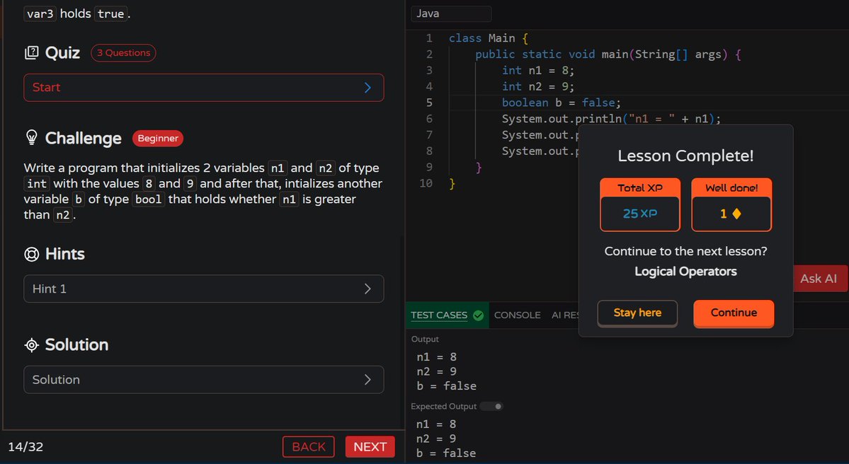MoniTechCodes's tweet image. Day 71
Learning about Java operators today — logic and operations, mind and machine.
Building both understanding and discipline 💪
#100DaysOfCode #Java #30NitesOfCode
codedex.io/community/30-n…