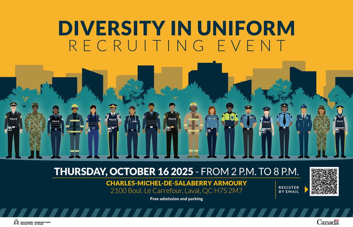 CSC_SCC_en's tweet image. We are hiring! Come and meet us on October 16, between 2 p.m. and 8 p.m., at the “Diversity in Uniform” recruitment event in Laval! Be part of our team, proud to play an important role in keeping Canadians safe. #CSCRecruiting #CSCProud