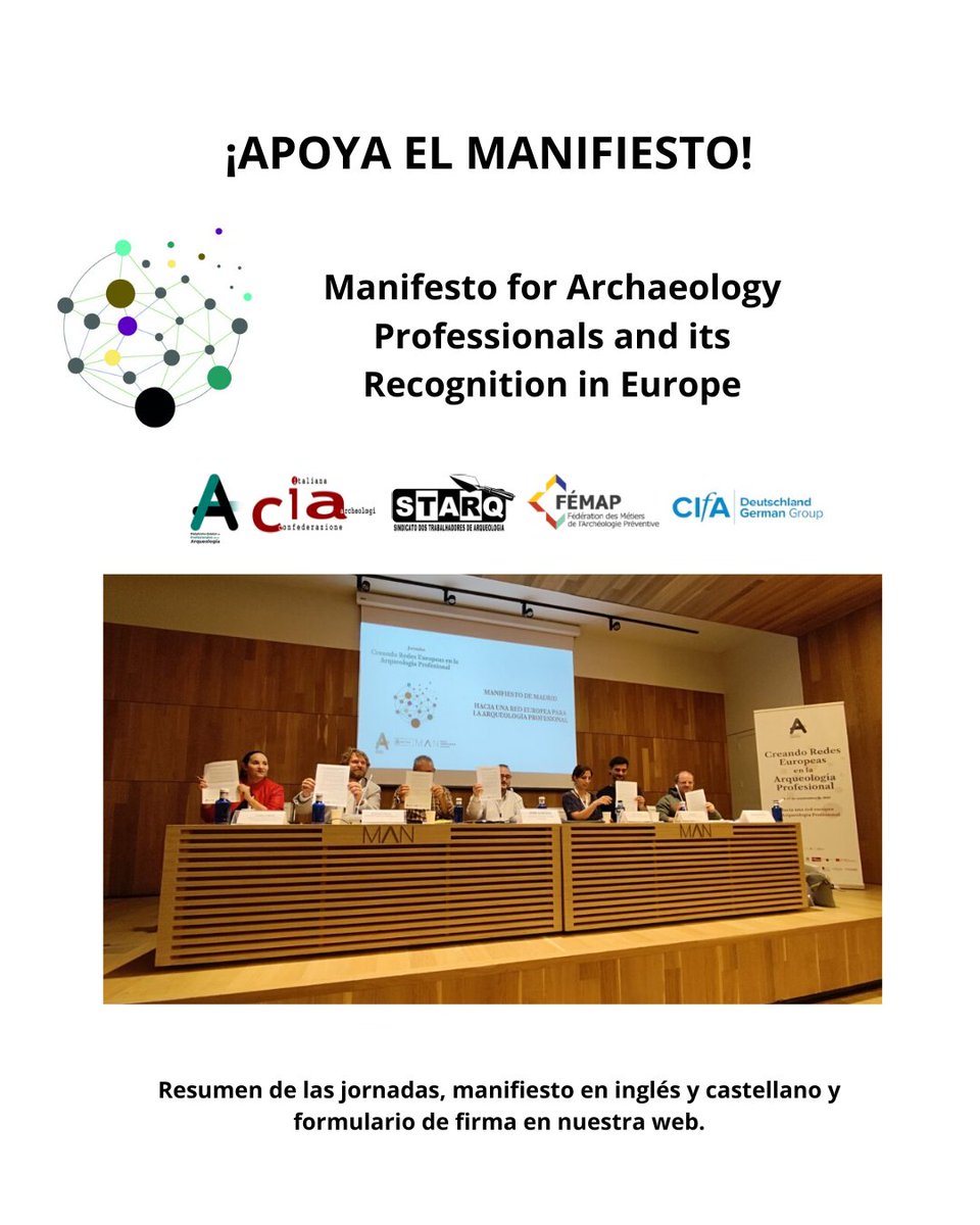 🏛️ ¡Más de 200 firmas por una arqueología europea unida y el reconocimiento de nuestra profesión!. Firma el manifiesto: plataformadearqueologia.es/noticias/crean…

#ManifiestoDeMadrid #Arqueología #Archaeology #Patrimonio #CreandoRedesEuropeasArqueologíaProfesional #CREAP #ArqueologíaEuropea #PEPA