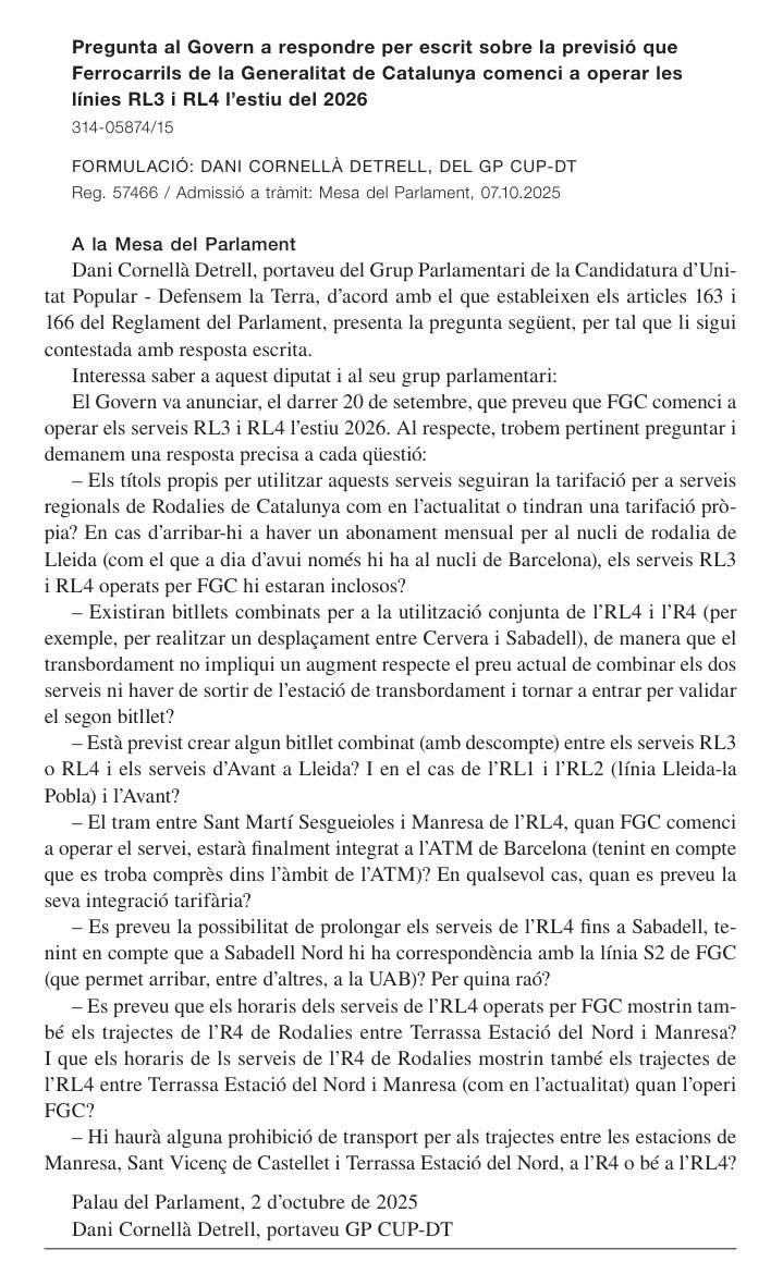 🚆 L'operació de l'RL3 i RL4 amb els nous trens de <a href="/FGC/">FGC</a> serà una millora, però també amaga algunes incògnites: Quin preu tindrà el servei? Hi haurà bitllets combinats amb R4 <a href="/rodalies/">Rodalies Catalunya</a> i Avant? Per què l'RL4 no arriba a Sabadell?

👇🏽 Hem fet aquesta bateria de preguntes al govern:
