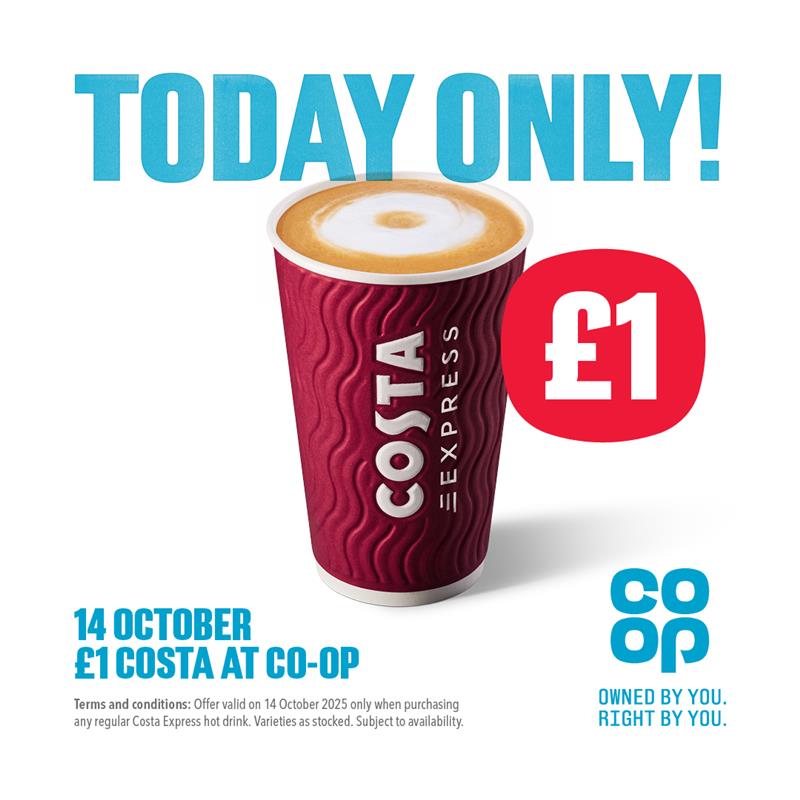 For 1 day only, every Costa coffee, tea, and even hot chocolate from the machine is £1 in your local <a href="/coopuk/">Co-op</a> on October 14th ☕️