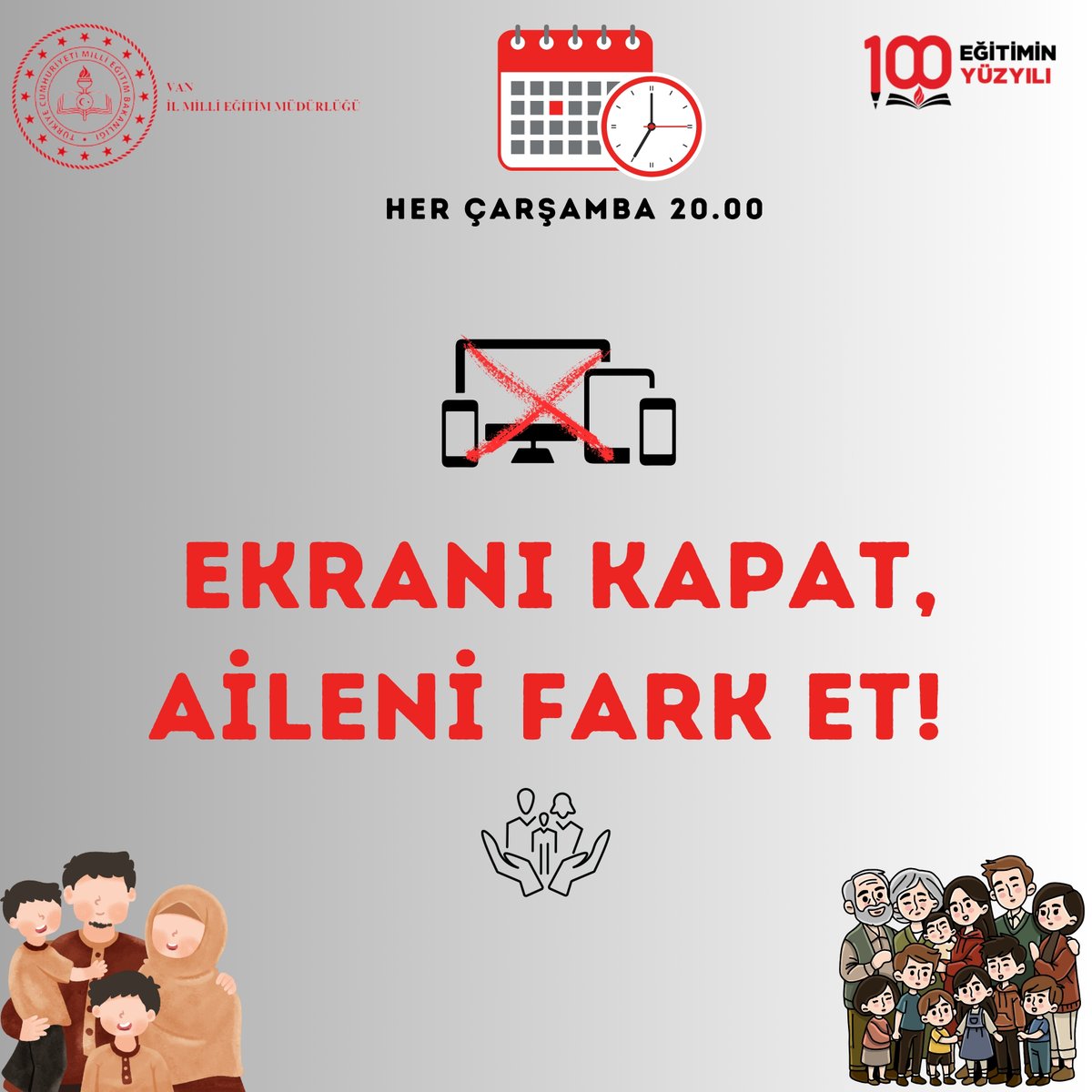 İl Millî Eğitim Müdürlüğümüz, 'Ekranı Kapat, Aileni Fark Et!' kampanyasını yarın hayata geçiriyor.

"Ekranı Kapat, Aileni Fark Et!" adlı kampanyası ile dijital çağın getirdiği yoğun ekran kullanımına dikkat çekerek, aile bireylerinin birlikte daha fazla zaman geçirmesini