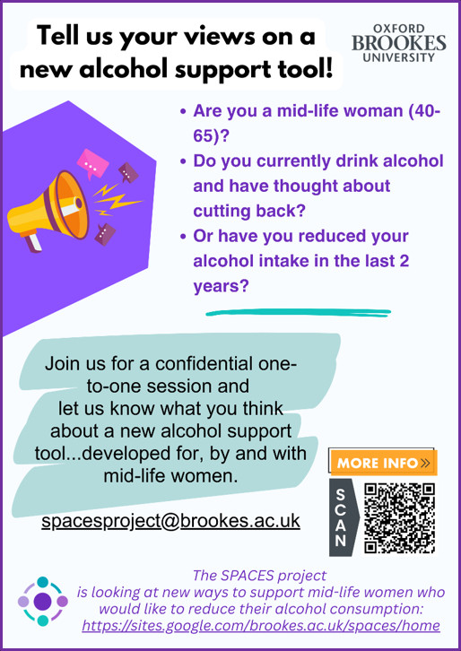 **Help Shape a New Alcohol Support Tool** 

Researchers at Oxford Brookes University are inviting mid-life women to share thoughts and experiences on cutting down their alcohol intake.

Visit the project website to find out more, or email spacesproject@brookes.ac.uk.
