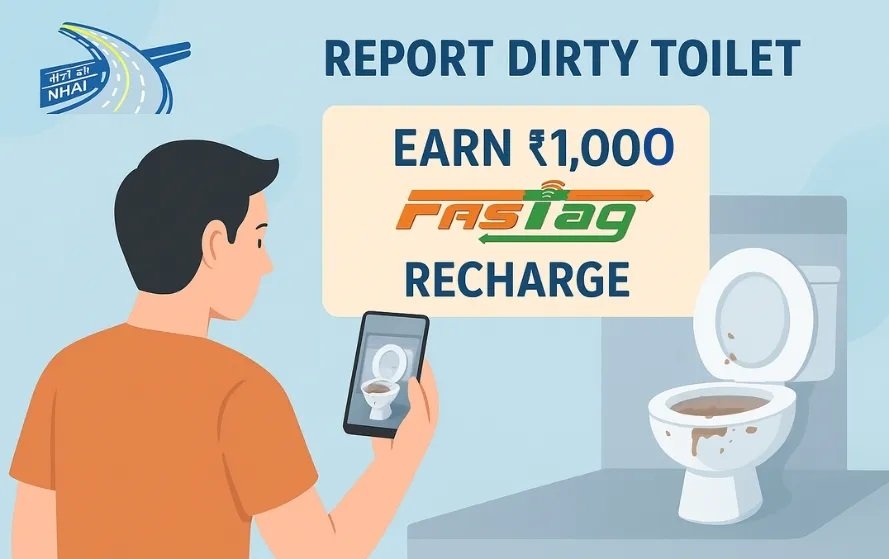 नेशनल हाईवे अथॉरिटी ऑफ इंडिया (NHAI) ने ‘क्लीन टॉयलेट पिक्चर चैलेंज’ clean Toilet picture Challenge शुरू किया है। अगर आपको किसी टोल प्लाजा के पास का टॉयलेट गंदा मिले, तो उसकी फोटो NHAI ऐप पर अपलोड करें। शिकायत सही पाई गई तो आपके FASTag में ₹1000 मिलेंगे।