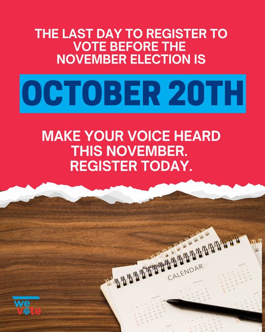 OCTOBER 20TH IS THE LAST DAY TO REGISTER FOR THE NOVEMBER ELECTION.

Register to Vote: vote.phila.gov/voting/registe…