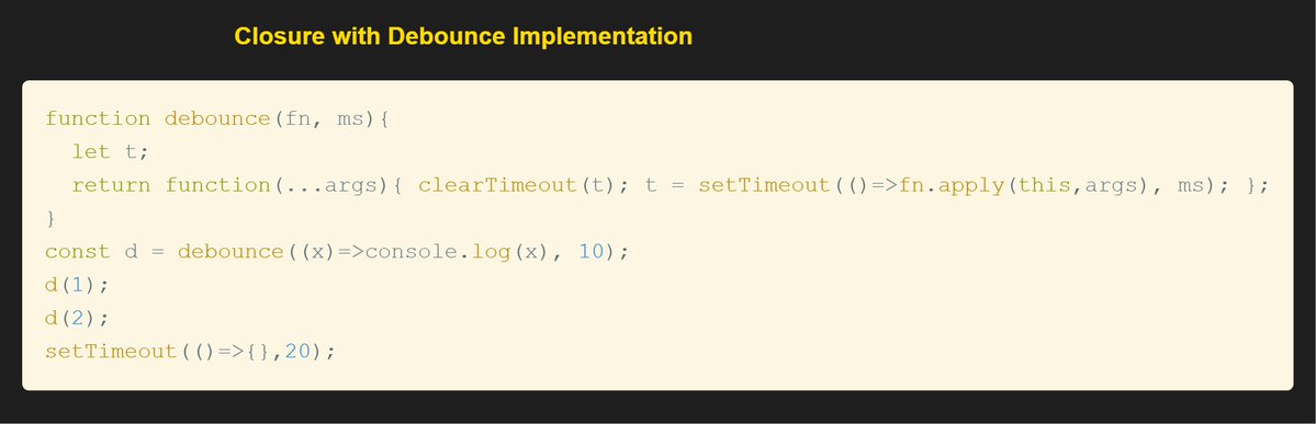 koomekelvink's tweet image. Javascript closure with debounce
🔽debounce's closure holds the timer id; only the last call after delay triggers the handler with latest args giving 2.
Closure challenge ->
peelcode.devsip.tech/peel/closure/i…
#javascriptlearning #javascripttips #SoftwareDevelopment #letsconnect