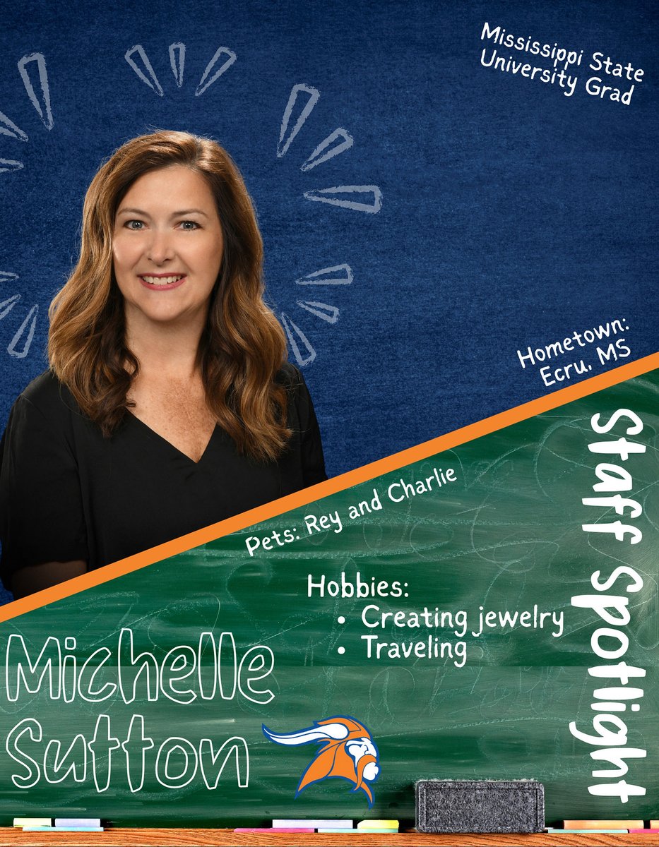 🔵🟠STAFF SPOTLIGHT🟠🔵
Mrs. Michelle Sutton is our English 3 and ACT Prep English teacher. We are thankful for her! Activities: Member of a local Church; Mississippi Federation of Women's Clubs Vice-President; Pontotoc Woman's Club Secretary; MFWC Historian; Jewerly Designer