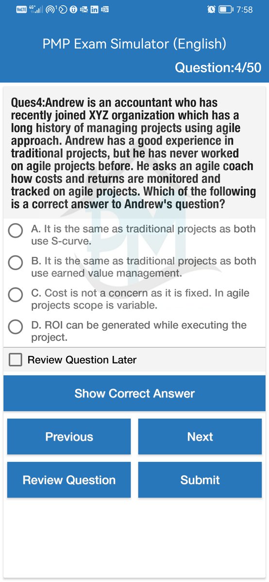ProjMngmtHouse's tweet image. Question Source PMP Exam Simulator
5 mock exams
Quizzes on all domains
Reference for each question
Updated to latest ECO
Available for instructors with discount
Available on web, Android &amp;amp;iPhones
English bit.ly/3vKRfSX
English-Arabic bit.ly/3vZPu4m
#PMBOK7 #PMP