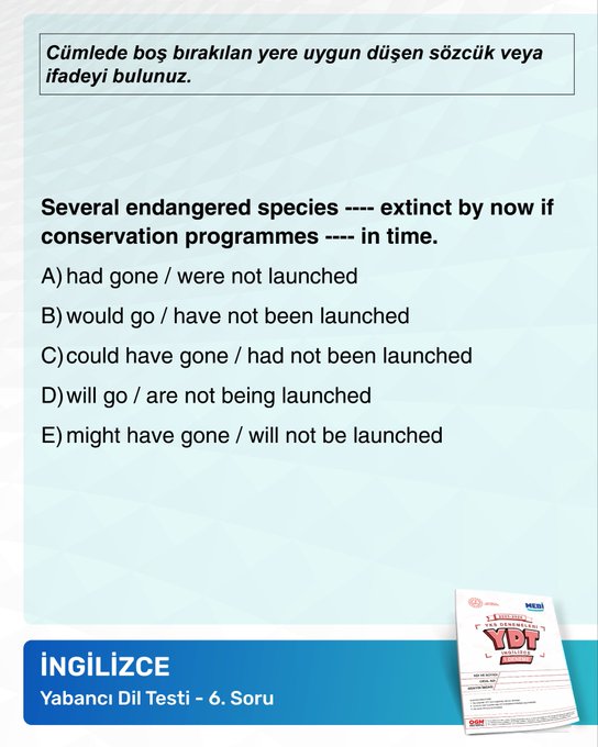 First image displays bold blue and yellow text announcing attention-grabbing questions for YDT 1 trial exam dated 22-28 September 2025, with a sample exam paper showing student details like name Adem Kaya, school info, and MEBI logo at bottom. Second image shows English test question 1 on preventing spread of false information via digital platforms, with options A speculation B treatment C distribution D regulation E reinforcement, bilingual Turkish-English header, and YDT branding. Third image presents English test question 6 about endangered species extinction without conservation programs, options A has gone / were launched B would go / had not been launched C could have gone / had not been launched D will go / are not being launched E might have gone / will not be launched, with bilingual elements and YDT label. Fourth image features English test question 9 on scientists detecting microplastics in deepest ocean parts and human bloodstream, options A under / upon B at / between C from / with D above / through E in / within, bilingual format and YDT test branding.