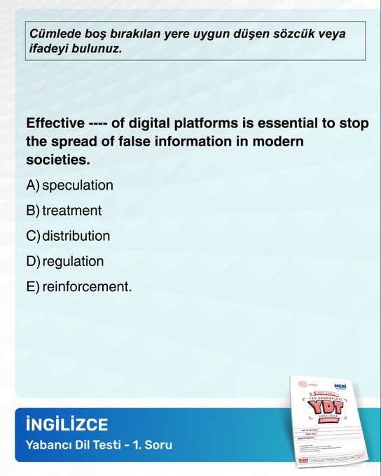 First image displays bold blue and yellow text announcing attention-grabbing questions for YDT 1 trial exam dated 22-28 September 2025, with a sample exam paper showing student details like name Adem Kaya, school info, and MEBI logo at bottom. Second image shows English test question 1 on preventing spread of false information via digital platforms, with options A speculation B treatment C distribution D regulation E reinforcement, bilingual Turkish-English header, and YDT branding. Third image presents English test question 6 about endangered species extinction without conservation programs, options A has gone / were launched B would go / had not been launched C could have gone / had not been launched D will go / are not being launched E might have gone / will not be launched, with bilingual elements and YDT label. Fourth image features English test question 9 on scientists detecting microplastics in deepest ocean parts and human bloodstream, options A under / upon B at / between C from / with D above / through E in / within, bilingual format and YDT test branding.