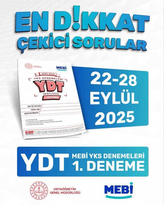 First image displays bold blue and yellow text announcing attention-grabbing questions for YDT 1 trial exam dated 22-28 September 2025, with a sample exam paper showing student details like name Adem Kaya, school info, and MEBI logo at bottom. Second image shows English test question 1 on preventing spread of false information via digital platforms, with options A speculation B treatment C distribution D regulation E reinforcement, bilingual Turkish-English header, and YDT branding. Third image presents English test question 6 about endangered species extinction without conservation programs, options A has gone / were launched B would go / had not been launched C could have gone / had not been launched D will go / are not being launched E might have gone / will not be launched, with bilingual elements and YDT label. Fourth image features English test question 9 on scientists detecting microplastics in deepest ocean parts and human bloodstream, options A under / upon B at / between C from / with D above / through E in / within, bilingual format and YDT test branding.