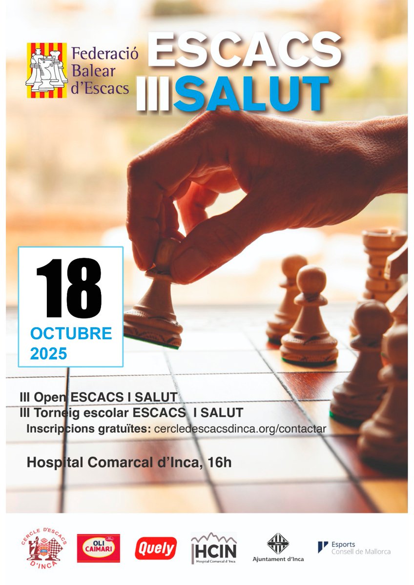 ♟️ Estratègia, concentració i moltes ganes de jugar!
A l’Hospital Comarcal d’Inca viurem el III Torneig Escacs i Salut, una cita on ment i esport van de la mà. 🧠💪
#FiresInca2025 <a href="/incaciutat/">Ajuntament d’Inca</a> <a href="/dijousbo/">Fires Inca 2025</a>