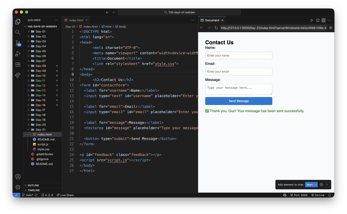 guriii3108's tweet photo. #100DaysOfWebDev – Day 21 🎯
Today I learned how to make websites interactive using Forms and Event Listeners in JavaScript.
Here’s what I built 👇
#JavaScript #WebDev #codingjourney https://t.co/hVY2xFgT2N