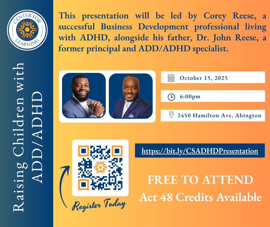 CenterSchoolPA's tweet image. There is still time to register for the enlightening and practical discussion on parenting children with ADD and ADHD, taking place tomorrow evening.

Register: bit.ly/CSADHDPresenta…

#cscl #coreyreese #adhd #add #centerschoolpa