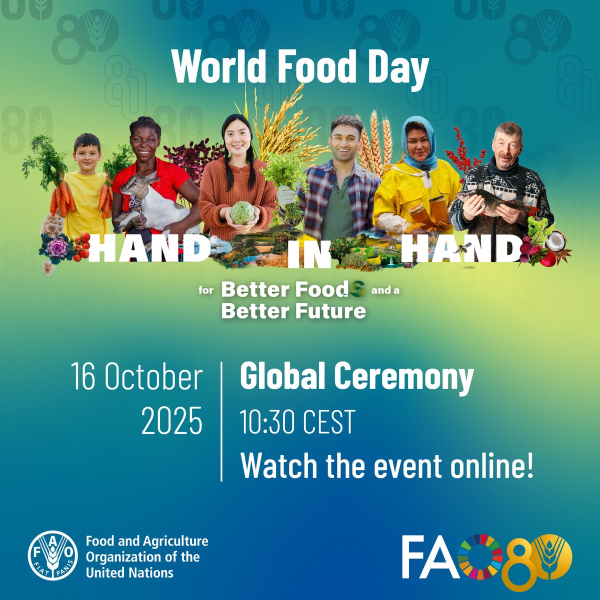 Food and Agriculture Organization (@fao) on Twitter photo Register now to join the #WorldFoodDay 2025 Global Ceremony or follow <a href="/FAO/">Food and Agriculture Organization</a> to watch live!
๐
16 October
๐10:30 CEST
๐bit.ly/3KOHbjC
#FAO80 #HandInHand #BetterTogether Register now to join the #WorldFoodDay 2025 Global Ceremony or follow <a href="/FAO/">Food and Agriculture Organization</a> to watch live!
๐
16 October
๐10:30 CEST
๐bit.ly/3KOHbjC
#FAO80 #HandInHand #BetterTogether