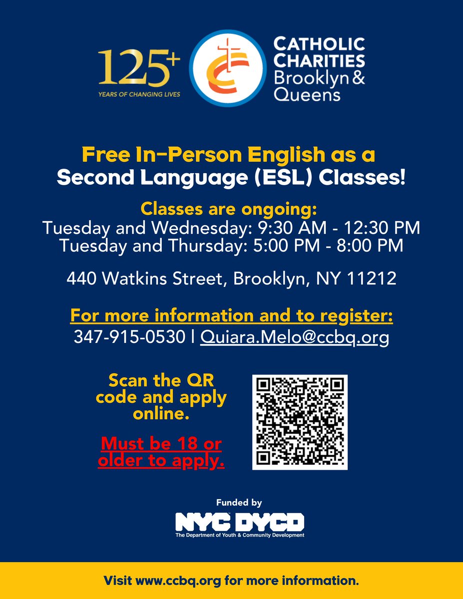 CathCharitiesBQ's tweet image. 📚 Free #ESLClasses in #Brooklyn
In-person English classes at 440 Watkins St.
📞 347-915-0530 | 📧 Quiara.Melo@ccbq.org
Funded by @NYCYouth
#CCBQ #BetheSolution #FreeESL #BrooklynESL #AdultLearning #BrooklynResources
