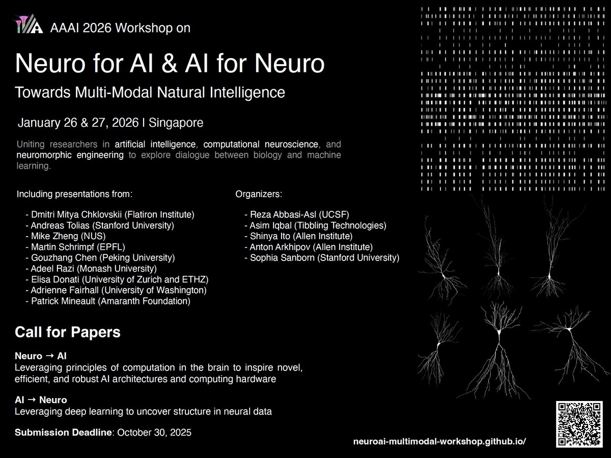 AntonSArkhipov's tweet image. The full list of speakers for our "𝐍𝐞𝐮𝐫𝐨 𝐟𝐨𝐫 𝐀𝐈 & 𝐀𝐈 𝐟𝐨𝐫 𝐍𝐞𝐮𝐫𝐨" Workshop at AAAI2026 is out!
See the image here and neuroai-multimodal-workshop.github.io
🗓️: Jan 27, 2026
🧭: Singapore
Submissions of papers and abstract by 10/30/2025: openreview.net/group?id=AAAI.…
#NeuroAI
