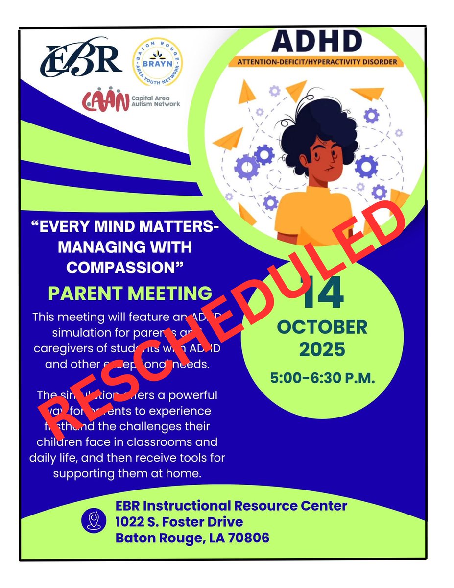 📢 The “Every Mind Matters — Managing with Compassion” parent workshop has been rescheduled.
A new date and time will be shared soon! 💜
Thank you for your patience and support.
#EBRPSS #EveryMindMatters #ADHDAwareness #ParentEngagement