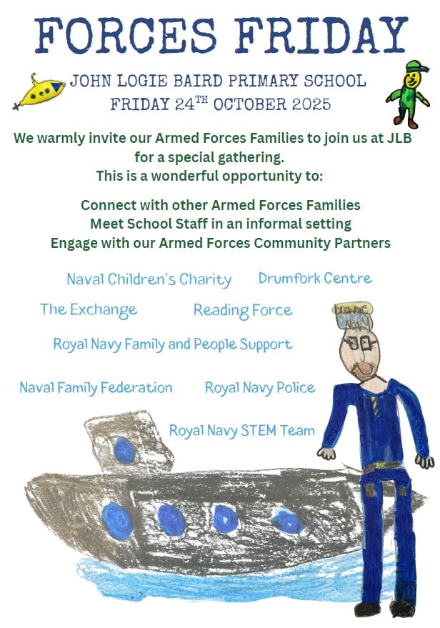 🎉 Forces Friday Event at JLB Primary
📅 Friday 24th October
⏰ 1.45p.m. - 3.00p.m.

A great opportunity for Armed Forces families to come into the school and meet some armed forces partner organisations, connect with other Armed Forces families and meet school staff.