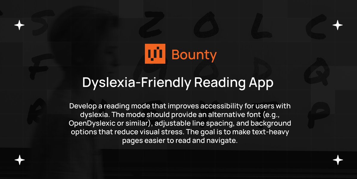shaftfinance's tweet image. We're looking for an AI developer to enable folks with Dyslexia be able to navigate the web easier!
Goal: Make AI apps dyslexic-friendly
If you're a front-end/back-end engineer, please apply to the SHAFT bounty below 👇
bounties.shaft.finance/task/12