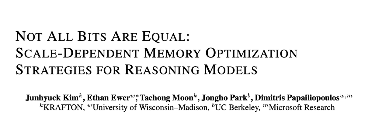 DimitrisPapail's tweet image. Not All Bits Are Equal: What We Learned From 1700 Experiments on Memory-Optimal Reasoning

Given a fixed memory budget, how should you allocate across model weights, KV cache, and test-time compute to maximize accuracy in reasoning models?

For example: would you choose a 32B,…