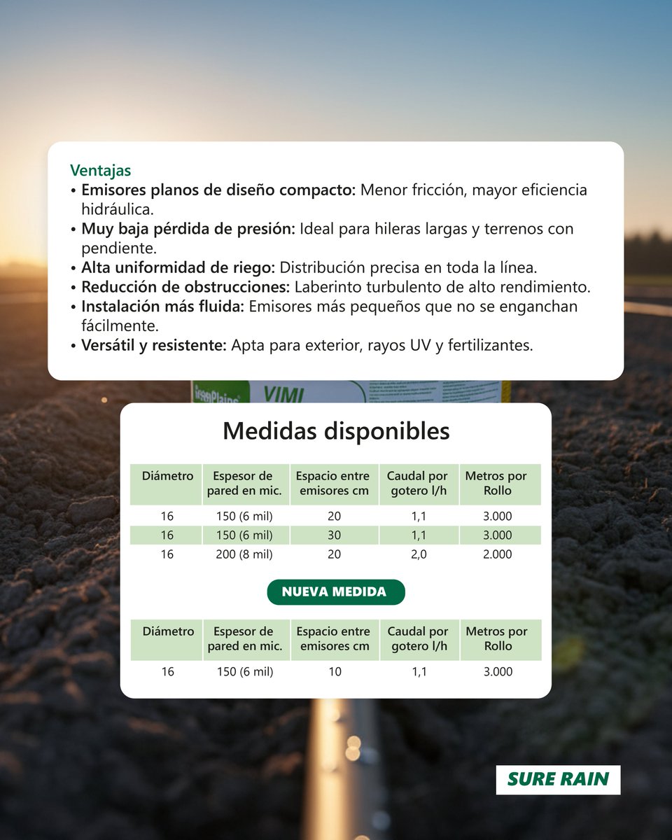 SureRain's tweet image. 💧 ¡Revoluciona tu riego con laCinta de Goteo VIMI con Gotero Pastilla de GreenPlains, ahora disponible en una NUEVA MEDIDA exclusiva a través de Sure Rain! 💧

Diseñada para la máxima eficiencia hidráulica.