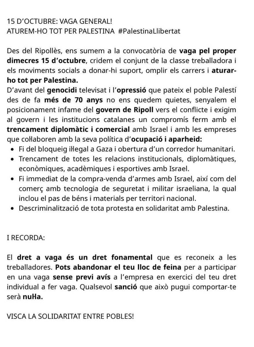 El proper dimecres 15 d'octubre des del Ripollès ens sumem a la VAGA GENERAL PER PALESTINA!

Us esperem als carrers! ✊🏼🍉

#elRipollèsambPalestina