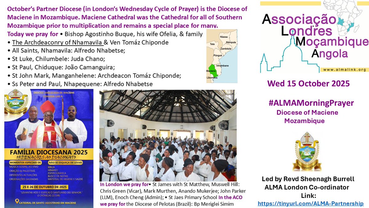 ALMA London (@almalondond) on Twitter photo Will you join us tomorrow for Wednesday online #ALMAMorningPrayer We are praying for the Diocese of Maciene as they prepare for their family weekend and also for Nhamavila Archdeaconry. The link is tinyurl.com/ALMA-Partnersh…
<a href="/dioceseoflondon/">London Diocese</a> <a href="/IAMA_Anglicana/">Igreja Anglicana de Moçambique e Angola</a> Will you join us tomorrow for Wednesday online #ALMAMorningPrayer We are praying for the Diocese of Maciene as they prepare for their family weekend and also for Nhamavila Archdeaconry. The link is tinyurl.com/ALMA-Partnersh…
<a href="/dioceseoflondon/">London Diocese</a> <a href="/IAMA_Anglicana/">Igreja Anglicana de Moçambique e Angola</a>