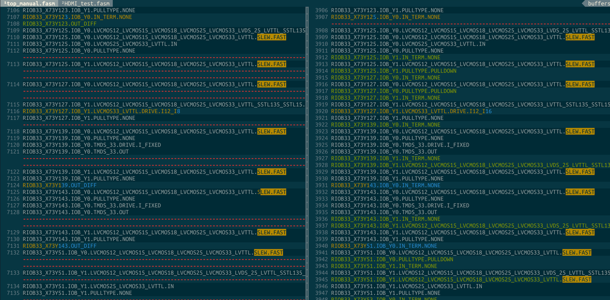 regymm0's tweet image. #FPGA developer with open-source toolchains! 
-&amp;gt; The table
-&amp;gt; The screen
-&amp;gt; The code (fasm, assembly for FPGA)
The lesson is good HDMI output requires SKEW to be FAST, and some more insidious settings that are automatically set by Vivado.
