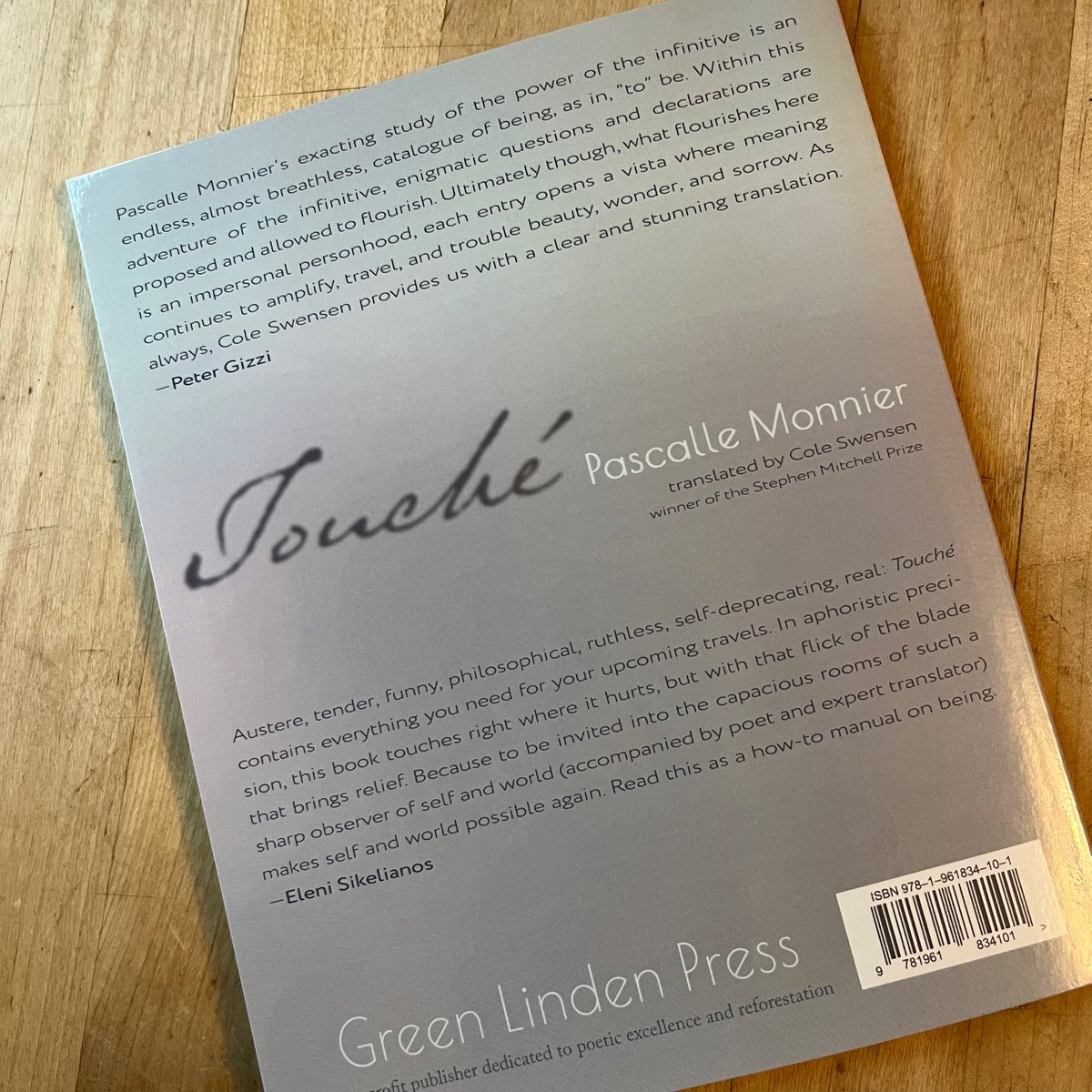 Winner of the Stephen Mitchell Prize for excellence in translation. A moving, humorous, and haunting cascade of aphorisms from one of France's most beloved experimental writers, brilliantly rendered into English by Cole Swensen. 
greenlindenpress.com/books/touche

asterismbooks.com/product/touche…