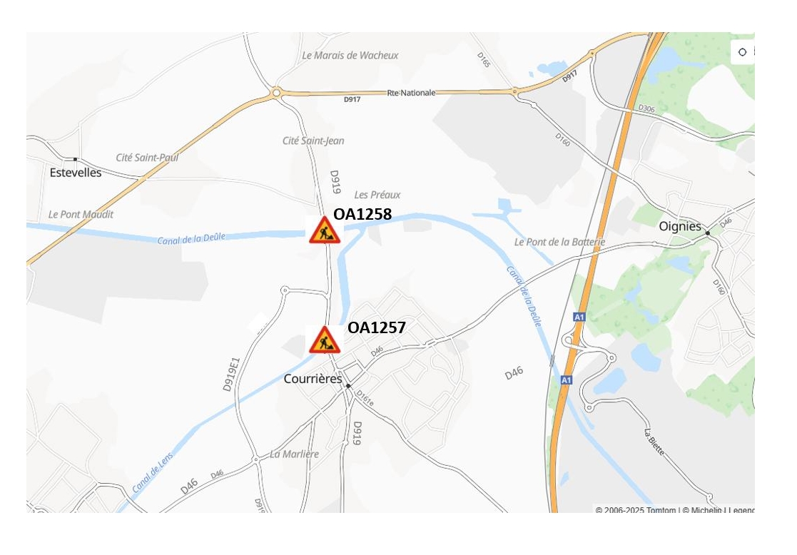 #Inforoute 🚧 Travaux de remplacement des garde-corps des ponts franchissant les canaux de Lens et de la Haute-Deûle à Courrières (RD 919) dès le 15/10 pour 4 mois. Circulation maintenue dans les 2 sens sur la chaussée réduite à 6m de largeur avec alternat ponctuel de circulation