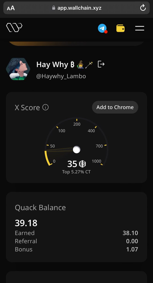 Haywhy_Lambo's tweet image. Gm  quackers,

@wallchain_xyz just made a bullish announcement yesterday to add wallets to your Wallchain accounts 

I think we might be getting quacks airdrop soon 👀

Btw how many quacks have you been able to accumulate so far 🤔 

As for me just 39 with an Xscore of 35😅…
