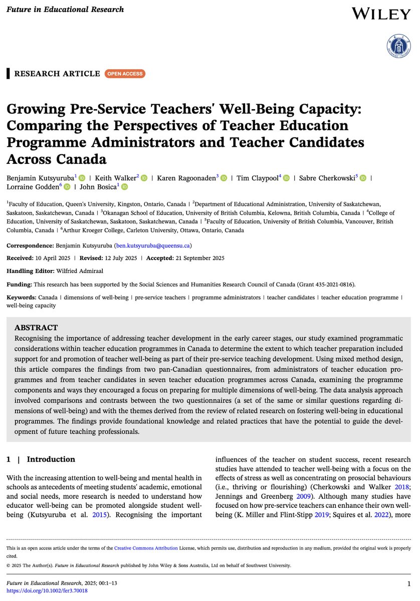 Sharing our latest article comparing program administrators' and pre-service teachers' perspectives on wellbeing in teacher education in Canada, with <a href="/keithwalker2013/">Keith Walker</a>, <a href="/KarenRagoonaden/">Karen Ragoonaden</a>, Tim Claypool, <a href="/SabreCherkowski/">Sabre Cherkowski</a>, Lorraine Godden, &amp; John Bosica. onlinelibrary.wiley.com/journal/283594…