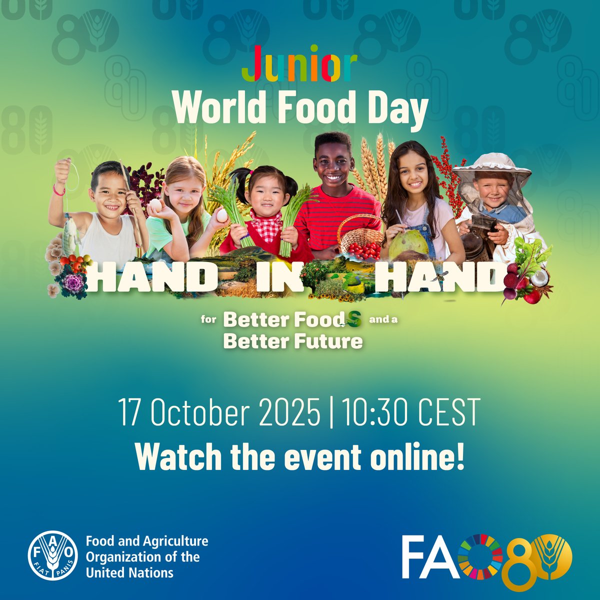 📣 Don't miss this year's Junior #WorldFoodDay! 

Follow <a href="/FAO/">Food and Agriculture Organization</a> to watch live!

Get inspired by #FoodHeroes, chefs, and youth activists to take action for a food-secure future.

📅17 October
🕜10:30 CEST
📱 webtv.un.org/en/asset/k1o/k…

#FAO80 #HandInHand #BetterTogether
