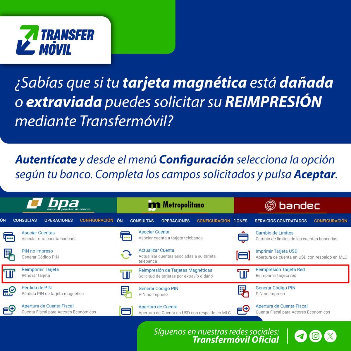 Si tu tarjeta magnética está dañada o extraviada, puedes solicitar fácilmente su reimpresión con #Transfermóvil. 💳📲😉

¿Conocías esta provechosa opción? 🤔