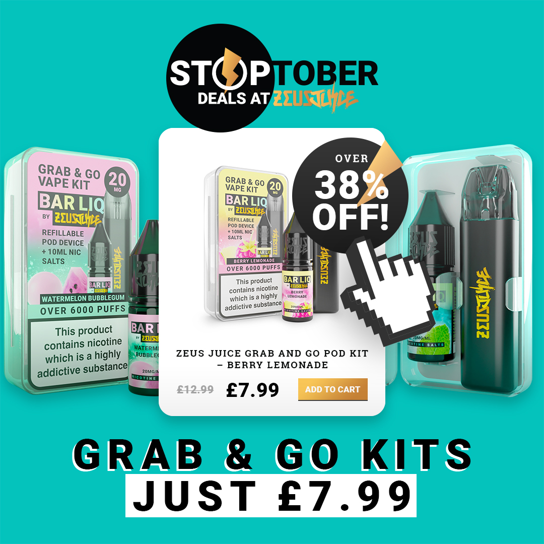 🚀 On-the-go vaping made easy! The Zeus Juice Grab &amp; Go Bar Pod Kit is compact, pre-filled with 10ml 20mg nic salt, and comes in 10 tasty flavours 😋

🔥 Only £7.99
💼 Wholesale? Take 15% off! DM us to learn more.