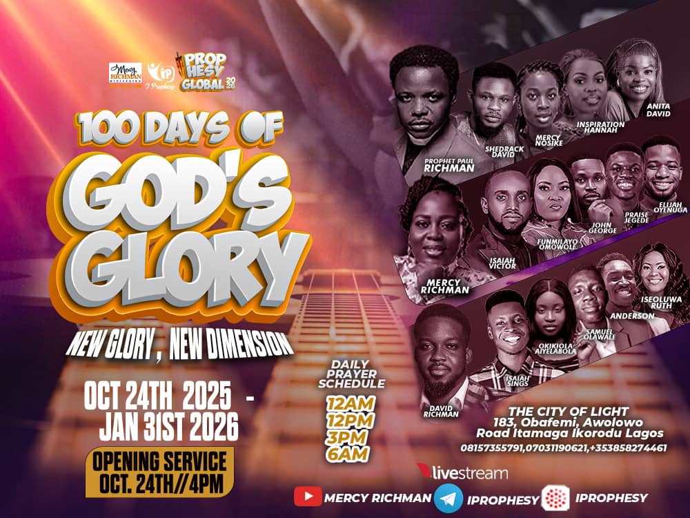 Mercy_Richman's tweet photo. 100 Days of God’s Glory is a call to the Watchers… 
To receive fresh fire 
To burn without burning out 
And to carry the flame of revival into every territory!

Get ready. It’s a move.

From oct 24th
4pm at the City of Light

And everyday
12am
12pm
3pm
#mercyrichmanministries https://t.co/ItZxUPVQLC