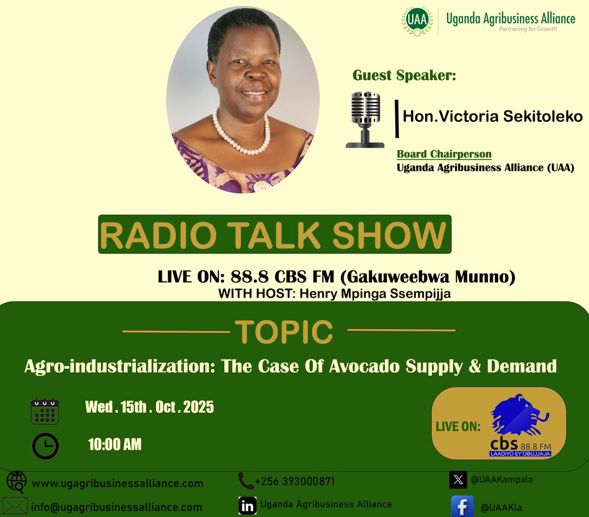 🎧 TUNE IN ALERT! 
Tomorrow, our Founder &amp; Board Chairperson Hon. Victoria Sekitoleko  will be joining <a href="/cbsfm_ug/">CBS FM UG</a> 's  "Gakuweebwa munno" program with Mpinga Ssempijja to break down the dynamics of demand &amp; supply in the 🥑 avocado industry.

📅 Wed, Oct 15
⏰ 10:00 AM
📻 88.8 FM