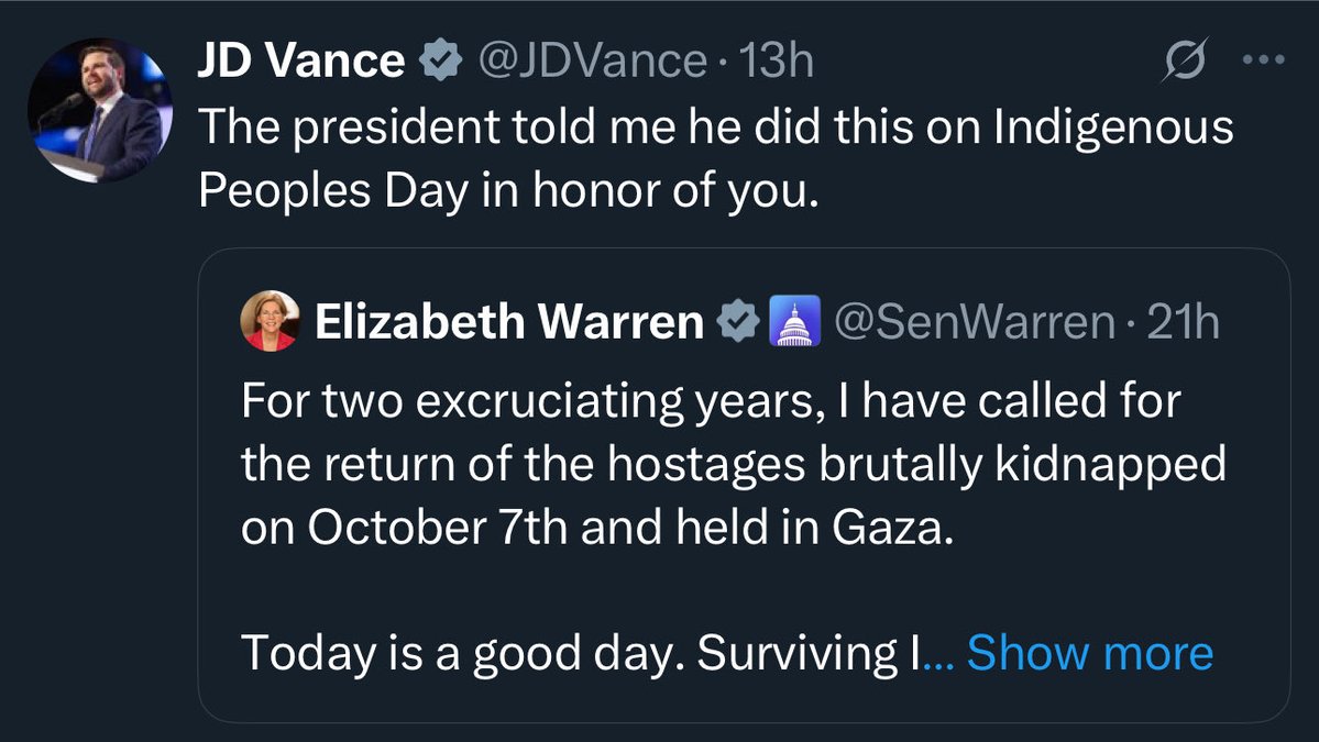 VP Vance is a master at trolling. I love it when he triggers Elizabeth Warren. 🤣