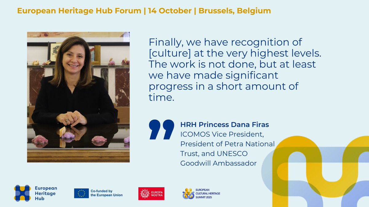 EurHeritageHub's tweet image. Her Royal Highness Princess Dana Firas of Jordan has been advocating for years for culture to be included on the global stage — and after this year’s #Mondiacult, she told the #HubForum that the advocacy has paid off 👇