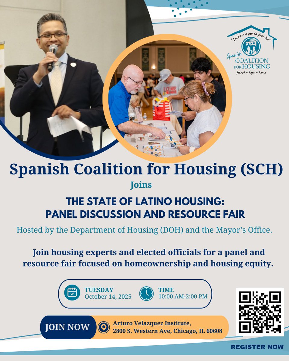 SCH is proud to join the Department of Housing (DOH) and the Mayor’s Office for The State of Latino Housing: Panel Discussion and Resource Fair — a vital conversation on homeownership and housing equity in Chicago.
Register Now- l.facebook.com/l.php?u=https%…