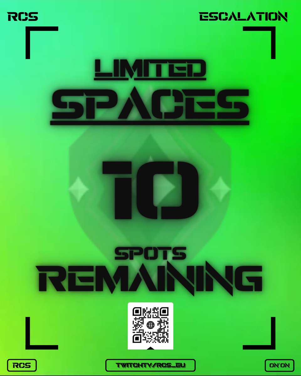 🔥 RCS Escalation has only 10 out of the 16 spots available!

- £160 prize pool
- Groups to playoffs
- Start - 24th end - 26th October
- Register deadline 23rd October. 

👉 Scan the QR code to join the server and register!

#VALORANT // #eSports // #radiantscene